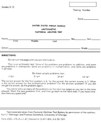 United States Indian Bureau Tests
