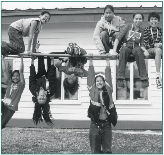 Mentasta students Irene Bernsten, William Chickalusion, Challista Sabon, Leandra Martin, Maxine Chickalusion, Rondell Chinuhuk, Honalee Sanford and Calvin John celebrate the first Health Fair held at Mentasta Lake Katie John School, April 2001.