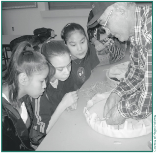 Mentasta students Jodi Chinuhuk, Honalee Sanford and Misty John learn how to make drums with Chistochina Elder Jerry Charley, April 2002.