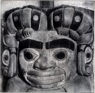 The ancient ancestress of the Ganaxteidi has woodworms surrounding her head at the top of the housepost.