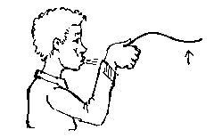 Hold a piece of paper like this and blow under it.