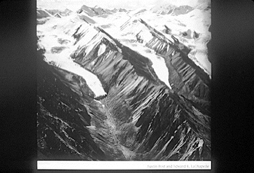 A black and white photo of two glaciers side by side