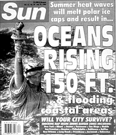news paper tabloid with the headlines, "Ocean Rising 150 Ft." 