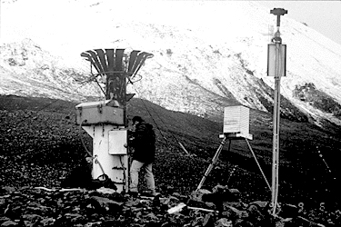 This photo consists of three main instruments used to collect data from a glacier.