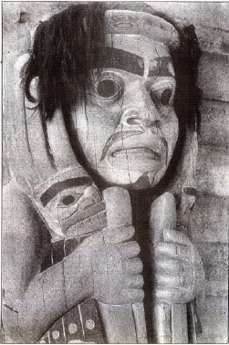 Tlingit hero Dukt'ootl' tops this housepost.