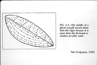 The middle of a glacier usually travels faster than the edges