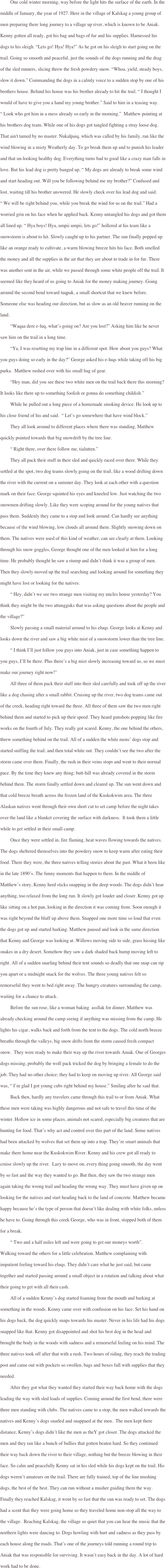 
One cold winter morning, way before the light hits the surface of the earth. In the middle of January, the year of 1927. Here in the village of Kalskag a young group of men preparing there long journey to a village up river, which is known to be Aniak. Kenny gotten all ready, got his bag and bags of fur and his supplies. Harnessed his dogs to his sleigh. “Lets go! Hya! Hya!” As he got on his sleigh to start going on the trail. Going so smooth and peaceful, just the sounds of the dogs running and the drag of the sled runners, slicing threw the fresh powdery snow. “Whoa, yield, steady boys, slow it down.” Commanding the dogs in a calmly voice to a sudden stop by one of his brothers house. Behind his house was his brother already to hit the trail. “ I thought I would of have to give you a hand my young brother.” Said to him in a teasing way.     “ Look who got him in a mess already so early in the morning.”  Matthew pointing at his brothers dog team. While one of his dogs got tangled fighting a stray loose dog. That ain't tamed by no master. Nukalpaiq, which was called by his family, ran like the wind blowing in a misty Weatherly day. To go break them up and to punish his leader and that un-looking healthy dog. Everything turns bad to good like a crazy man falls in love. But his lead dog is pretty banged up. “ My dogs are already to break some wind and start heading out. Will you be following behind me my brother?” Confused and lost, waiting till his brother answered. He slowly check over his lead dog and said.       “ We will be right behind you, while you break the wind for us on the trail.” Had a worried grin on his face when he applied back. Kenny untangled his dogs and got them all lined up. “ Hya boys! Hya, umpii umpii, lets go!” hollered at his team like a snowstorm is about to hit. Slowly caught up to his partner. The sun finally popped up like an orange ready to cultivate, a warm blowing breeze hits his face. Both smelled the money and all the supplies in the air that they are about to trade in for fur. There was another sent in the air, while we passed through some white people off the trail. It seemed like they heard of us going to Aniak for the money making journey. Going around the second bend toward tuqpak, a small shortcut that we knew before. Someone else was heading our direction, but as slow as an old beaver running on the land. 
“Waqaa dere e-luq, what’s going on? Are you lost?” Asking him like he never saw him on the trail in a long time.
“Ya, I was resetting my trap line in a different spot. How about you guys? What you guys doing so early in the day?” George asked his e-luqs while taking off his big parka.  Matthew rushed over with his small bag of gear.
“Hey man, did you see these two white men on the trail back there this morning? It looks like there up to something foolish or gonna do something childish.”
While he pulled out a long piece of a homemade smoking device. He look up to his close friend of his and said.  “ Let’s go somewhere that have wind block.”
They all look around to different places where there was standing. Matthew quickly pointed towards that big snowdrift by the tree line.
“ Right there, over there follow me, tialutten.” 
They all pack their stuff in their sled and quickly raced over there. While they settled at the spot, two dog teams slowly going on the trail, like a wood drifting down the river with the current on a summer day. They look at each other with a question mark on their face. George squinted his eyes and kneeled low. Just watching the two snowmen drifting slowly. Like they were scoping around for the young natives that pass them. Suddenly they came to a stop and look around. Can hardly see anything because of the wind blowing, low clouds all around them. Slightly snowing down on them. The natives were used of this kind of weather, can see clearly at them. Looking through his snow goggles, George thought one of the men looked at him for a long time. He probably thought he saw a stump and didn’t think it was a group of men. Then they slowly moved up the trail searching and looking around for something they might have lost or looking for the natives. 
“ Hey, didn’t we see two strange men visiting my uncles house yesterday? You think they might be the two attungguks that was asking questions about the people and the village?” 
Slowly passing a small material around to his eluqs. George looks at Kenny and looks down the river and saw a big white mist of a snowstorm lower than the tree line. 
“ I think I’ll just follow you guys into Aniak, just in case something happen to you guys, I’ll be there. Plus there’s a big mist slowly increasing toward us, so we must make our journey right now!” 
All three of them pack their stuff into their sled carefully and took off up the river like a dog chasing after a small rabbit. Cruising up the river, two dog teams came out of the creek, heading right toward the three. All three of them saw the two men right behind them and started to pick up their speed. They heard gunshots popping like fire works on the fourth of July. They really got scared. Kenny, the one behind the others, threw something behind on the trail. All of a sudden the white mens’ dogs stop and started sniffing the trail, and then total white out. They couldn’t see the two after the storm came over them. Finally, the rush in their veins stops and went to their normal pace. By the time they knew any thing; butt-hill was already covered in the storm behind them. The storm finally settled down and cleared up. The sun went down and that cold breeze breath across the frozen land of the Kuskokwim area. The three Alaskan natives went through their own short cut to set camp before the night takes over the land like a blanket covering the surface with darkness.  It took them a little while to get settled in their small camp. 
Once they were settled in, fire flaming, heat waves flowing towards the natives. The dogs sheltered themselves into the powdery snow to keep warm after eating their food. There they were, the three natives telling stories about the past. What it been like in the late 1890’s. The funny moments that happen to them. In the middle of Matthew’s story, Kenny herd sticks snapping in the deep woods. The dogs didn’t hear anything, too relaxed from the long run. It slowly got louder and closer. Kenny got up like sitting on a hot pan, looking in the direction it was coming from. Soon enough it was right beyond the bluff up above them. Snapped one more time so loud that even the dogs got up and started barking. Matthew paused and look in the same direction that Kenny and George was looking at. Willows moving side to side, grass hissing like snakes in a dry desert. Somehow they saw a dark shaded back hump moving left to right. All of a sudden snarling behind their tent sounds so deadly that one snap can rip you apart or a midnight snack for the wolves. The three young natives felt so remorseful they went to bed right away. The hungry creatures surrounding the camp, waiting for a chance to attack. 
Before the sun rose, like a woman baking  assllak for dinner, Matthew was already checking around the camp seeing if anything was missing from the camp. He lights his cigar, walks back and forth from the tent to the dogs. The cold north breeze breaths through the valleys, big snow drifts from the storm caused fresh compact snow.  They were ready to make their way up the river towards Aniak. One of Georges dogs missing, probably the wolf pack tricked the dog by bringing a female to do the job. They had no other choice; they had to keep on moving up river. All George said was, “ I’m glad I got young cubs right behind my house.” Smiling after he said that.         
Back then, hardly any travelers came through this trail to or from Aniak. What these men were taking was highly dangerous and not safe to travel this time of the winter. Hollow ice in some places, animals not scared, especially big creatures that are hunting for food. That’s why act and control over this part of the land. Some natives had been attacked by wolves that set them up into a trap. They’re smart animals that make there home near the Kuskokwim River. Kenny and his crew got all ready to cruise slowly up the river.  Lazy to move on, every thing going smooth, the day went by so fast and the way they wanted to go. But then, they saw the two strange men again taking the wrong trail and heading the wrong way. They must have given up on looking for the natives and start heading back to the land of concrete. Matthew became happy because he’s the type of person that doesn’t like dealing with white folks, unless he have to. Going through this creek George, who was in front, stopped both of them for a break. 
“ Two and a half miles left and were going to get our moneys worth”.
Walking toward the others for a little celebration. Matthew complaining with  impatient feeling toward his eluqs. They didn’t care what he just said, but came together and started passing around a small object in a rotation and talking about what their going to get with all their cash. 
All of a sudden Kenny’s dog started foaming from the mouth and barking at something in the woods. Kenny came over with confusion on his face. Set his hand on his dogs back, the dog quickly snaps towards his master. Never in his life had his dogs snapped like that. Kenny got disappointed and shot his best dog in the head and brought the body in the woods with sadness and a remorseful feeling on his mind. The three natives took off after that with a rush. Two hours of riding, they reach the trading post and came out with pockets so swollen, bags and boxes full with supplies that they needed. 
After they got what they wanted they started their way back home with the dogs leading the way with sled loads of supplies. Coming around the first bend, there were three men standing with clubs. The natives came to a stop, the men walked towards the natives and Kenny’s dogs snarled and snappaed at the men.  The men kept there distance, Kenny’s dogs didn’t like the men as theY got closer. The dogs attacked the men and they ran like a bunch of bullies that gotten beaten hard. So they continued their way back down the river to their village, nothing but the breeze blowing in their face. So calm and peacefully Kenny sat in his sled while his dogs kept on the trail. His dogs weren’t amateurs on the trail. There are fully trained, top of the line mushing dogs, the best of the best. They can run without a musher guiding them the way. Finally they reached Kalskag, it went by so fast that the sun was ready to set. The dogs had a scent that they were going home so they traveled home non-stop all the way to the village.  Reaching Kalskag, the village so quiet that you can hear the music that the northern lights were dancing to. Dogs howling with hurt and sadness as they pass by each house along the roads. That’s one of the journeys told running a round trip to Aniak that was responsible for surviving. It wasn’t easy back in the day. A lot of hard work had to be done.
 
